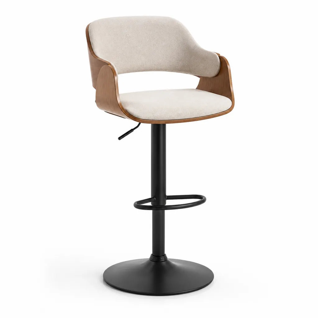 Sgabello da bar regolabile girevole con braccioli in compensato e poliestere beige marrone nero 55 x 54 x 87-109 cm