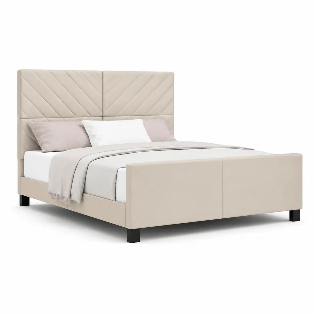 Letto matrimoniale imbottito 160 x 200 cm in similpelle PU beige con testiera rettangolare trapuntata