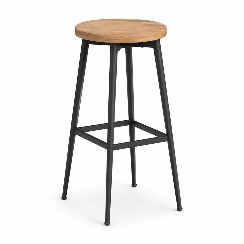 Sgabello da bar rotondo con seduta in legno massello e struttura in acciaio nero 38 x 38 x 75 cm