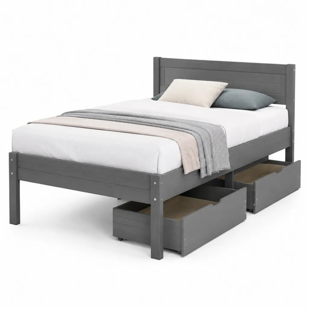 Letto singolo rettangolare con 2 cassetti estraibili in legno massello di pino grigio 90 x 190 cm