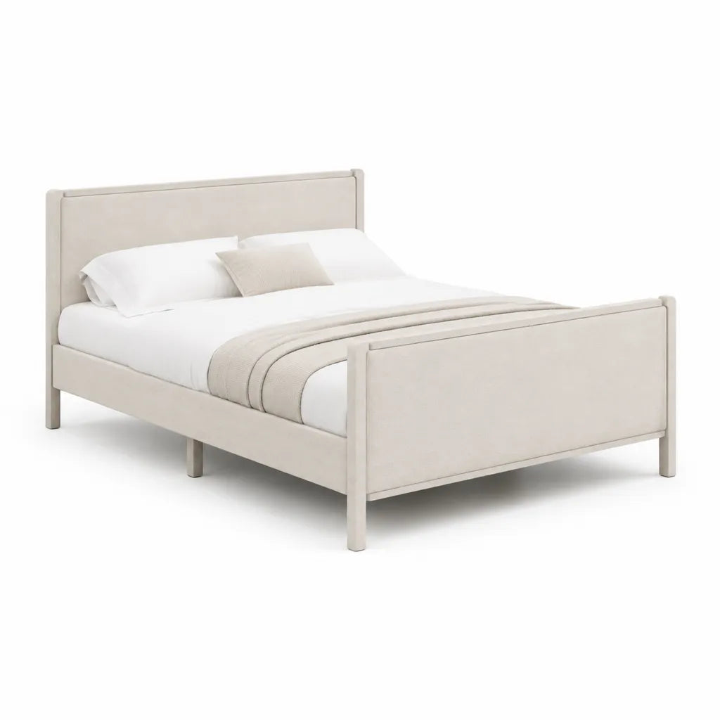 Letto matrimoniale imbottito 160 x 200 cm in poliestere beige chiaro con testiera e pediera rettangolari dimensioni 171 x 211 x 105 cm