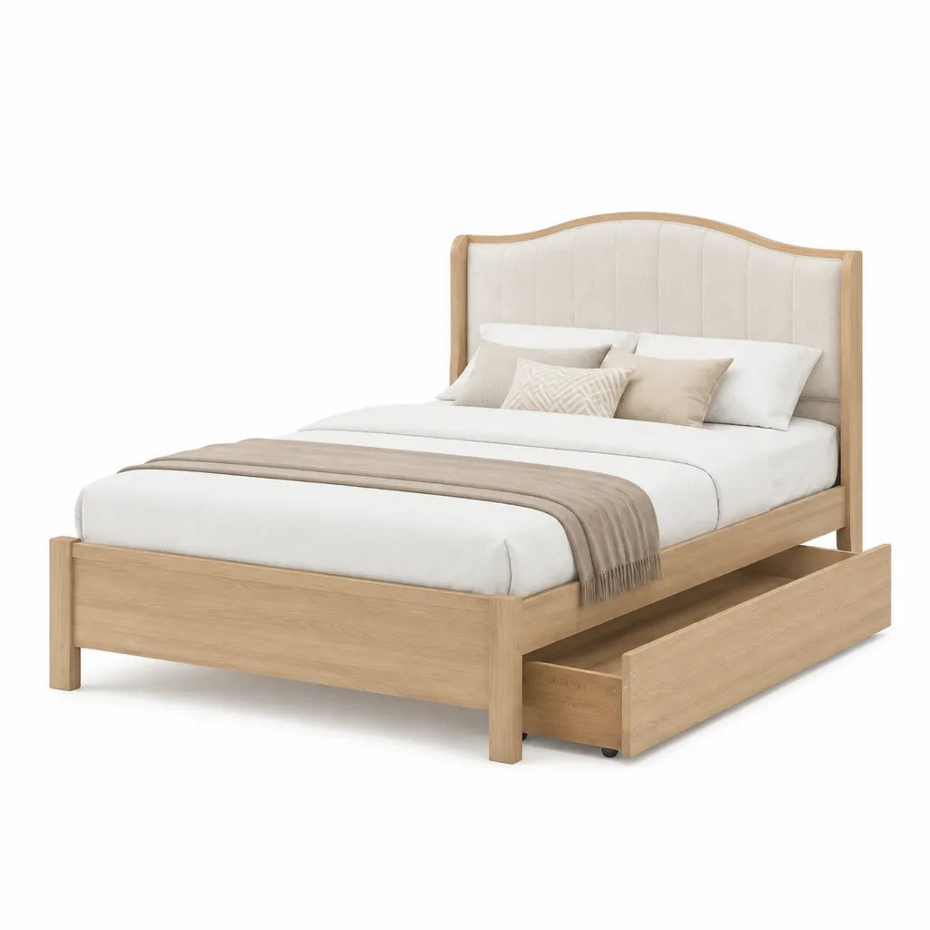 Letto matrimoniale 160 x 200 cm con cassetto estraibile struttura in MDF impiallacciato rovere e testiera imbottita beige