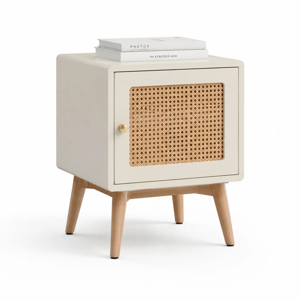 Comodino con anta in rattan 45 x 40 x 60 cm MDF crema con gambe in legno massello