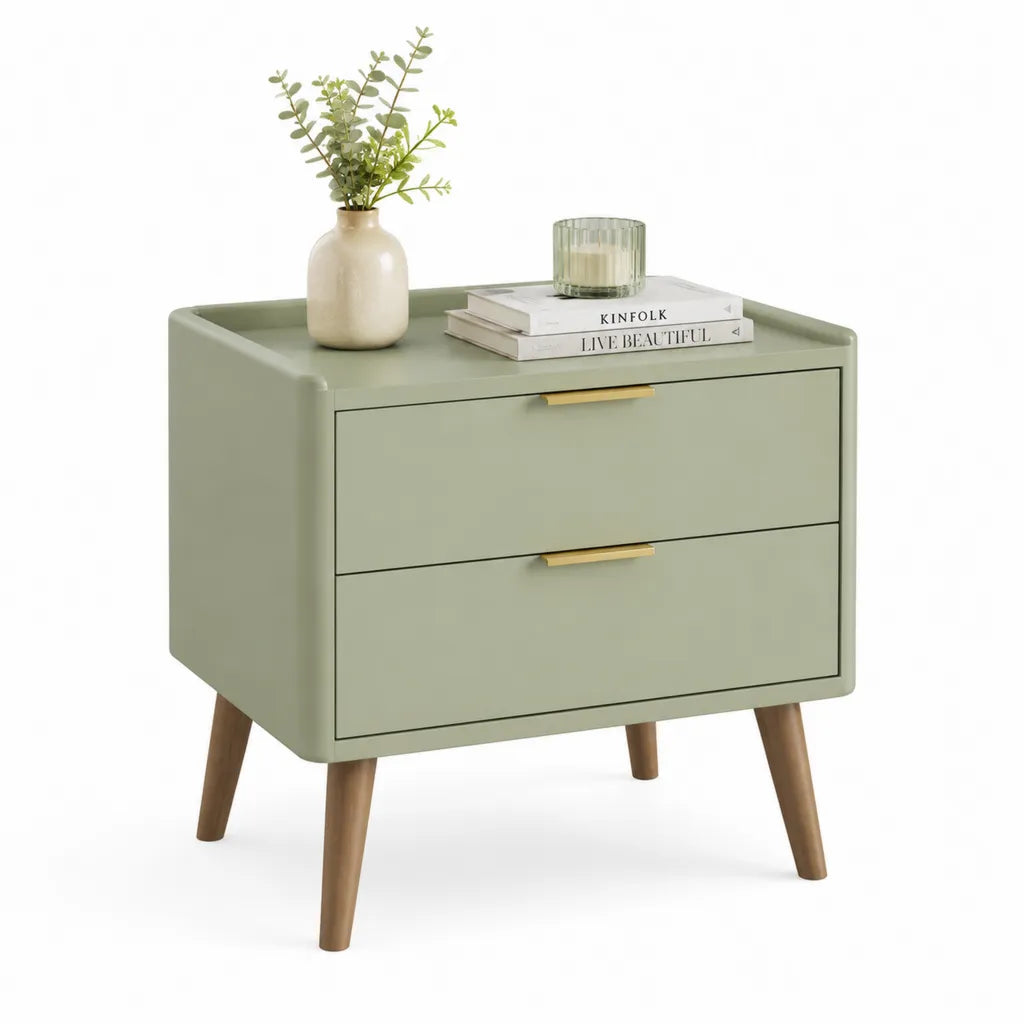 Comodino a 2 cassetti in MDF rettangolare verde salvia con gambe in legno massello 60 x 40 x 60 cm