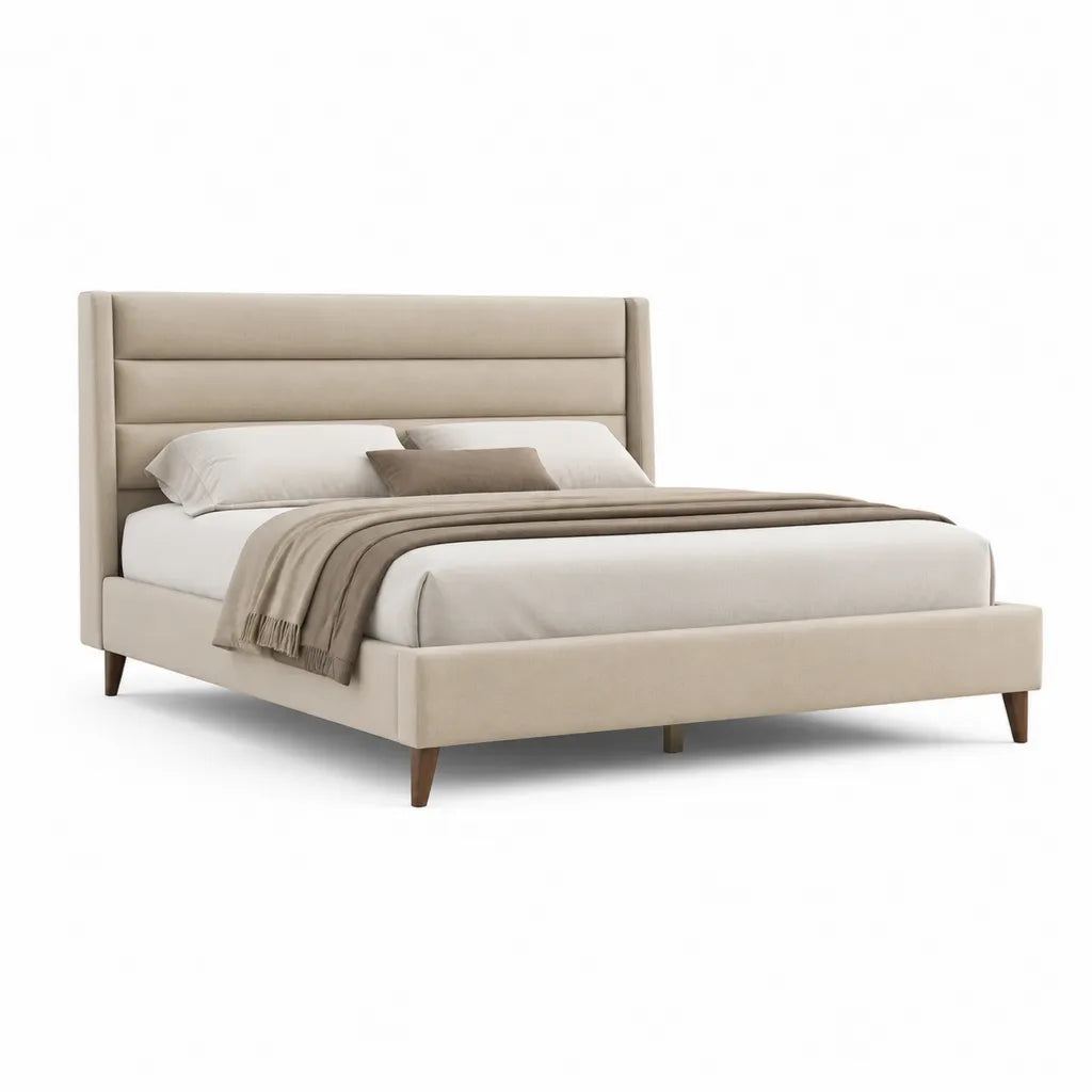 Letto matrimoniale imbottito 160 x 200 cm in poliestere beige con testata alta e piedini in legno massello