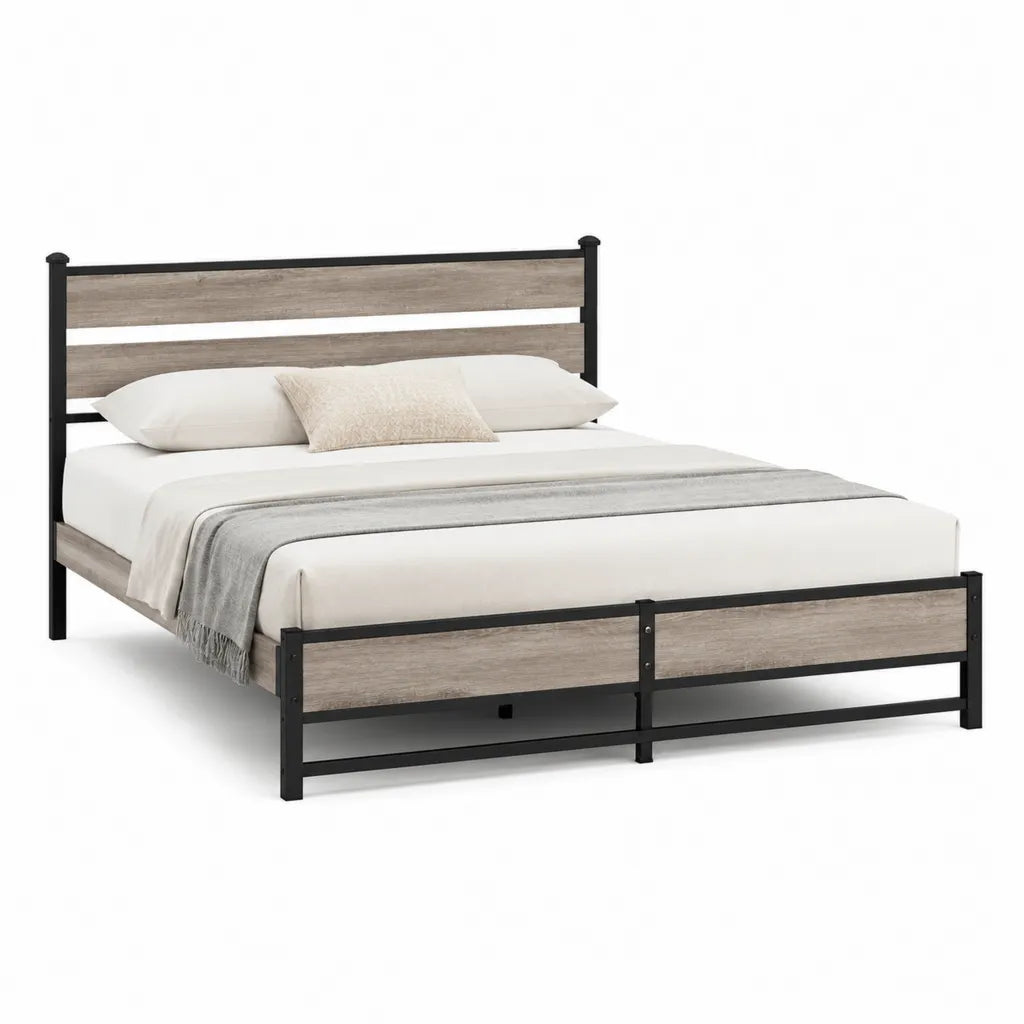Letto matrimoniale con struttura in acciaio e pannelli MDF 160 x 200 cm rettangolare nero e rovere grigio