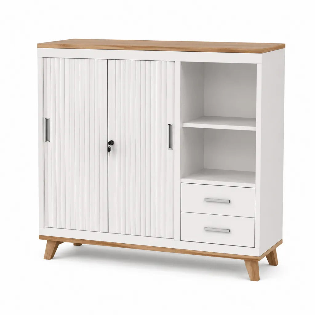 Armadio da ufficio con ante a serrandina serratura ripiani e cassetti 120 x 40 x 110 cm MDF bianco rettangolare