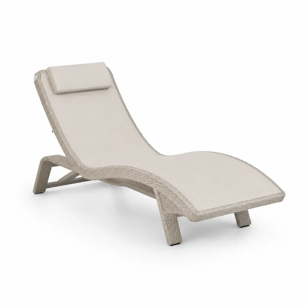 Lettino prendisole da giardino curvo in polietilene intrecciato e alluminio beige con cuscino crema 200 x 65 x 90 cm