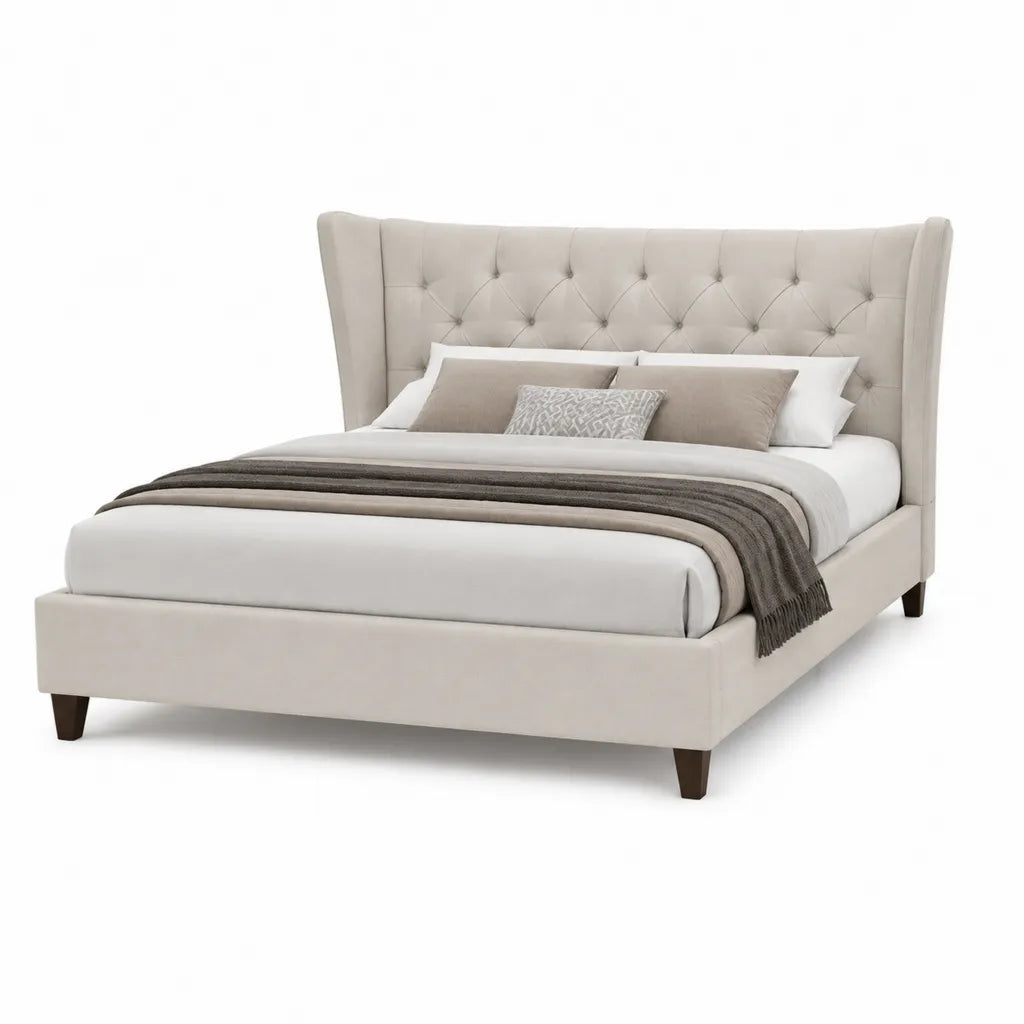 Letto matrimoniale con struttura imbottita 160 x 200 cm in poliestere beige con testiera capitonné rettangolare