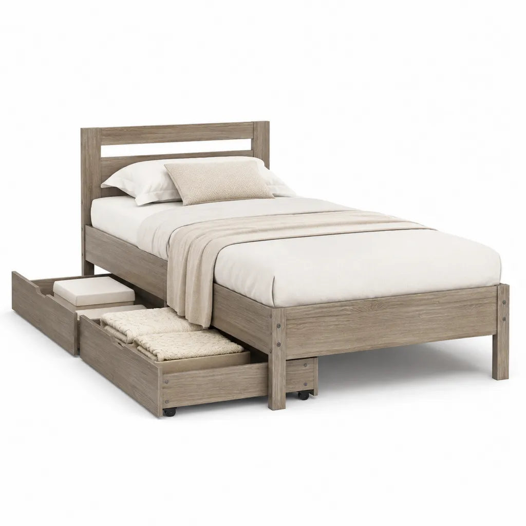 Letto singolo rettangolare con 2 cassetti estraibili 90 x 190 cm in pannelli di particelle rovere grigio