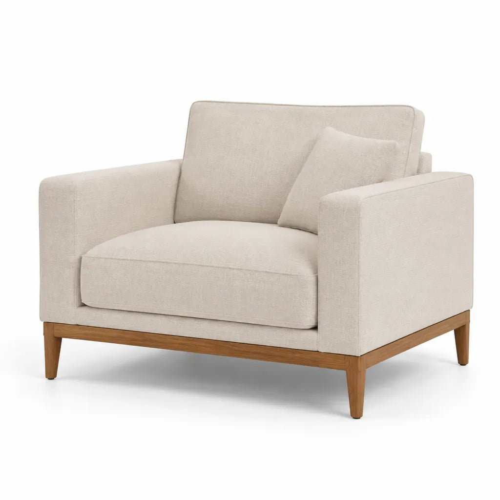 Poltrona da soggiorno imbottita 100 x 90 x 85 cm in poliestere beige con base in legno massello di gomma
