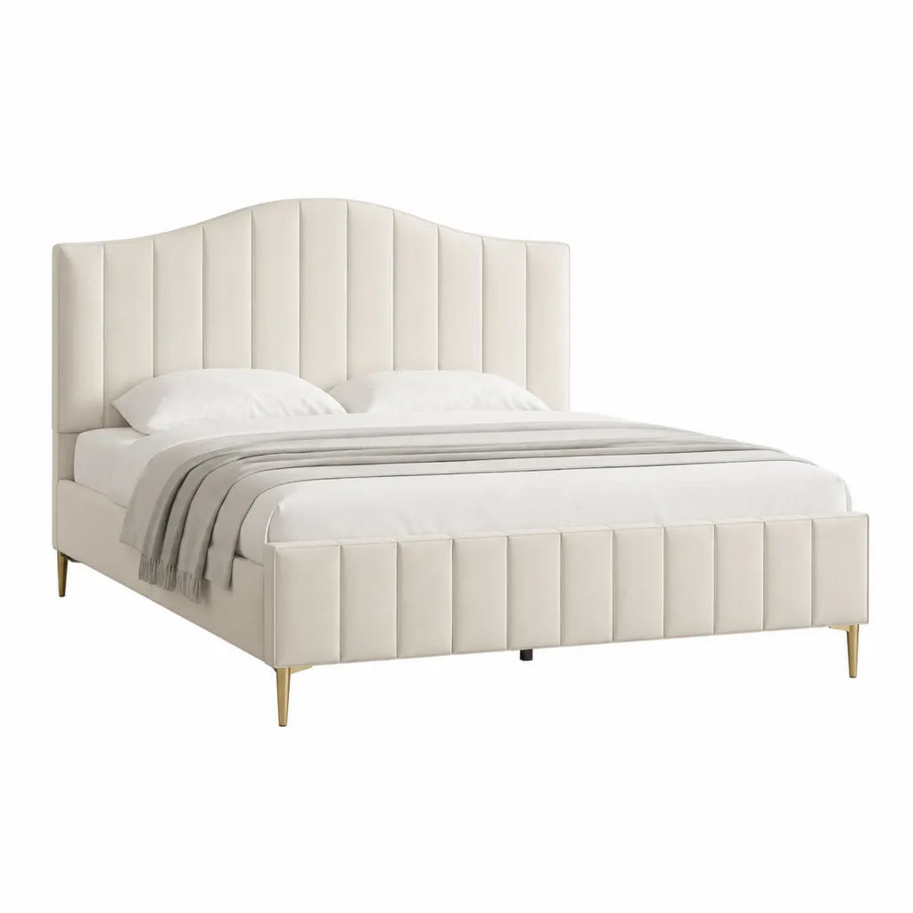 Letto matrimoniale imbottito 160 x 200 cm in velluto di poliestere avorio con testiera curva e piedi dorati