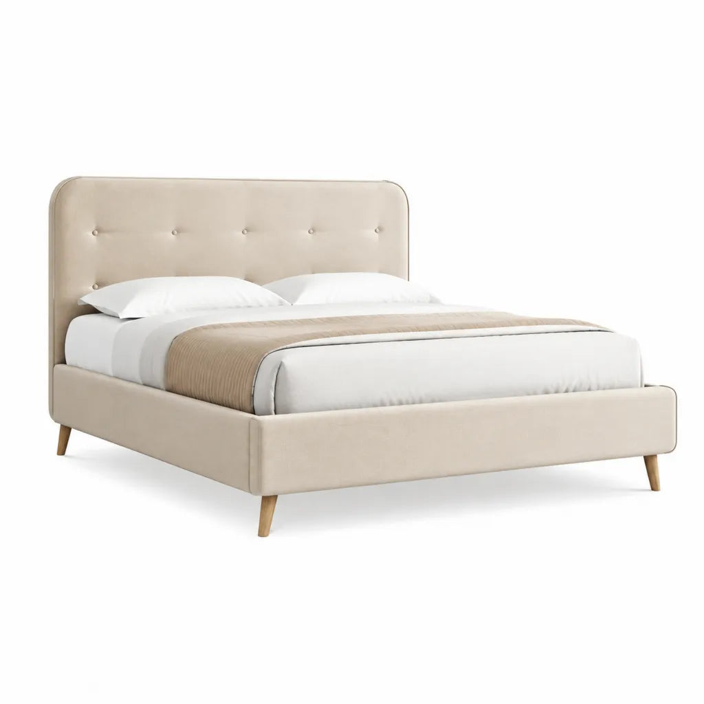 Letto matrimoniale con testiera imbottita 160 x 200 cm in poliestere beige rettangolare