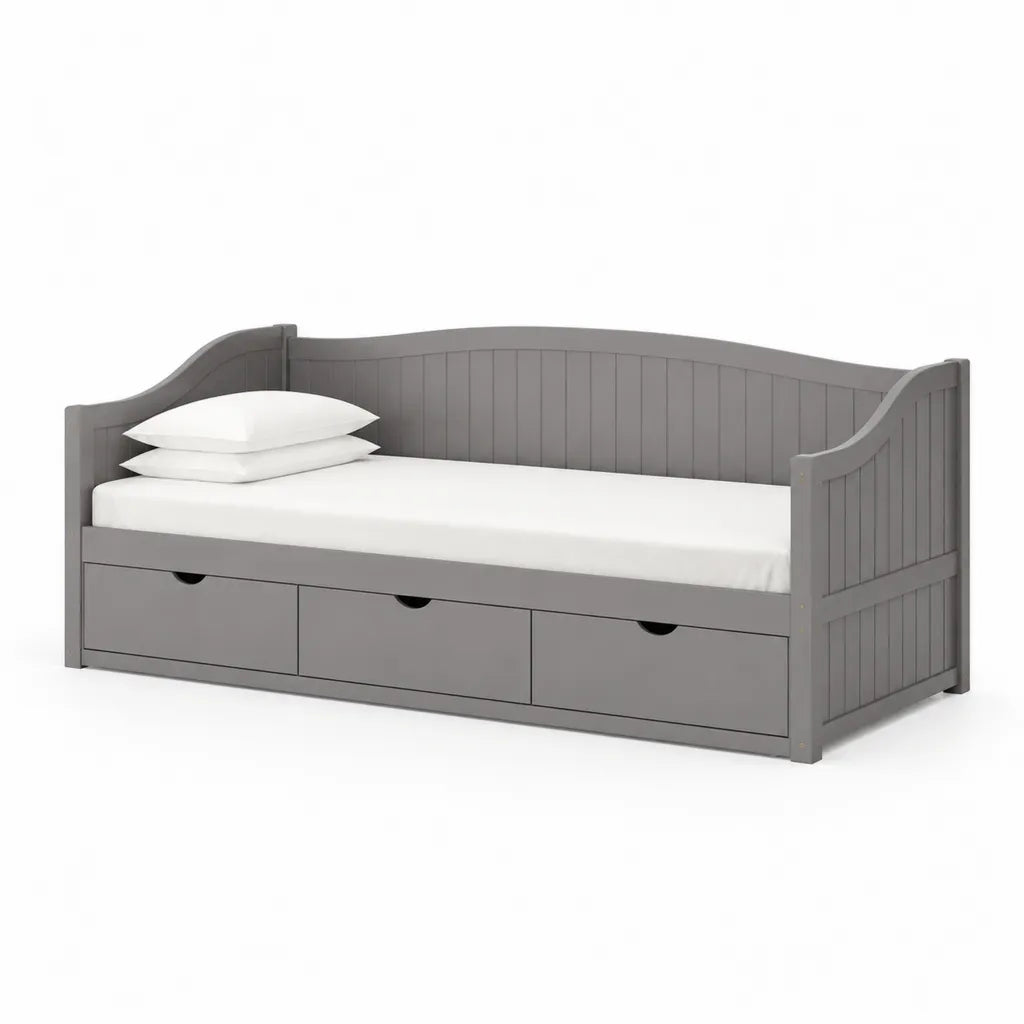 Letto singolo per bambini con 3 cassetti in MDF e legno massello di pino grigio 90 x 200 cm