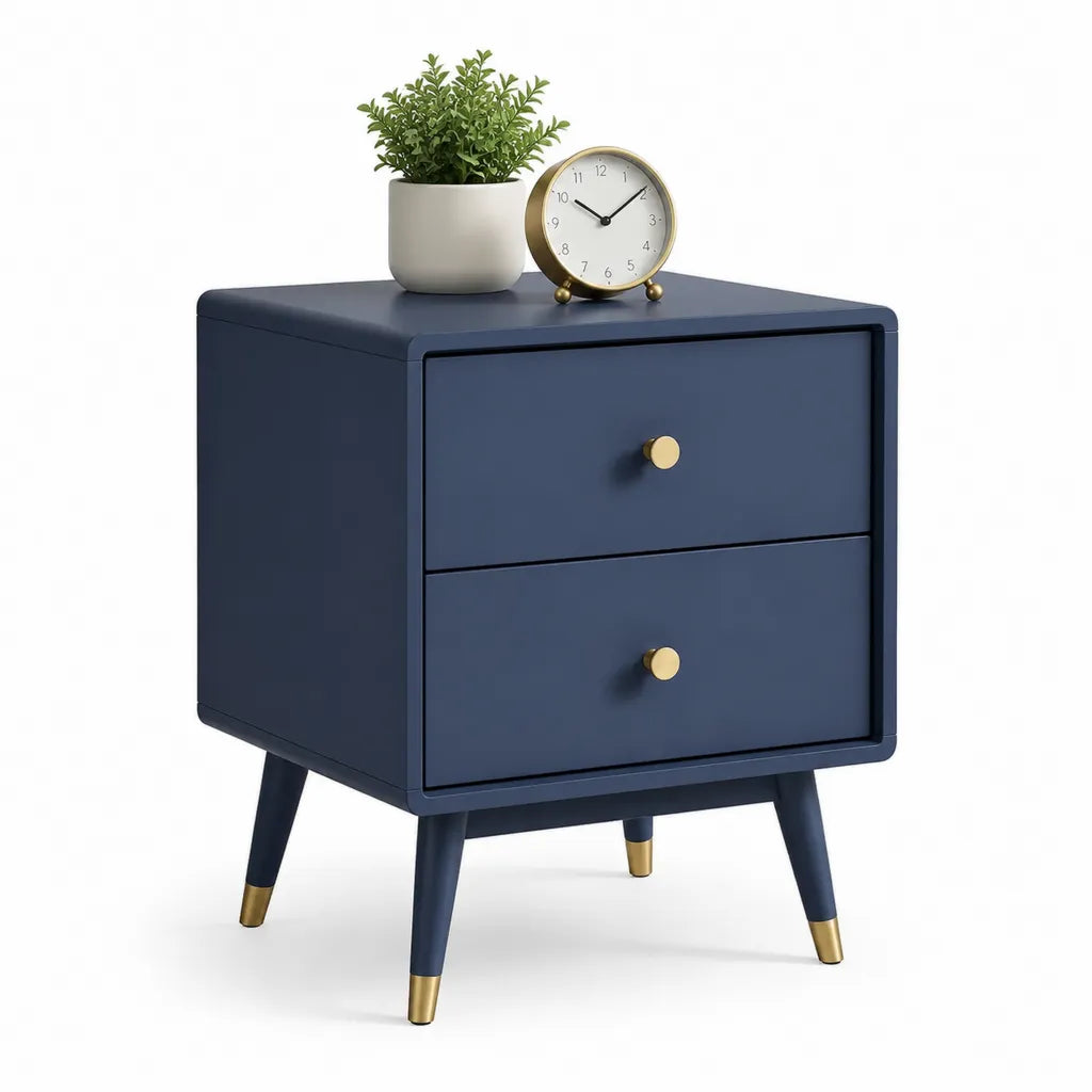 Comodino 2 cassetti in MDF blu navy con gambe coniche 40 x 35 x 55 cm