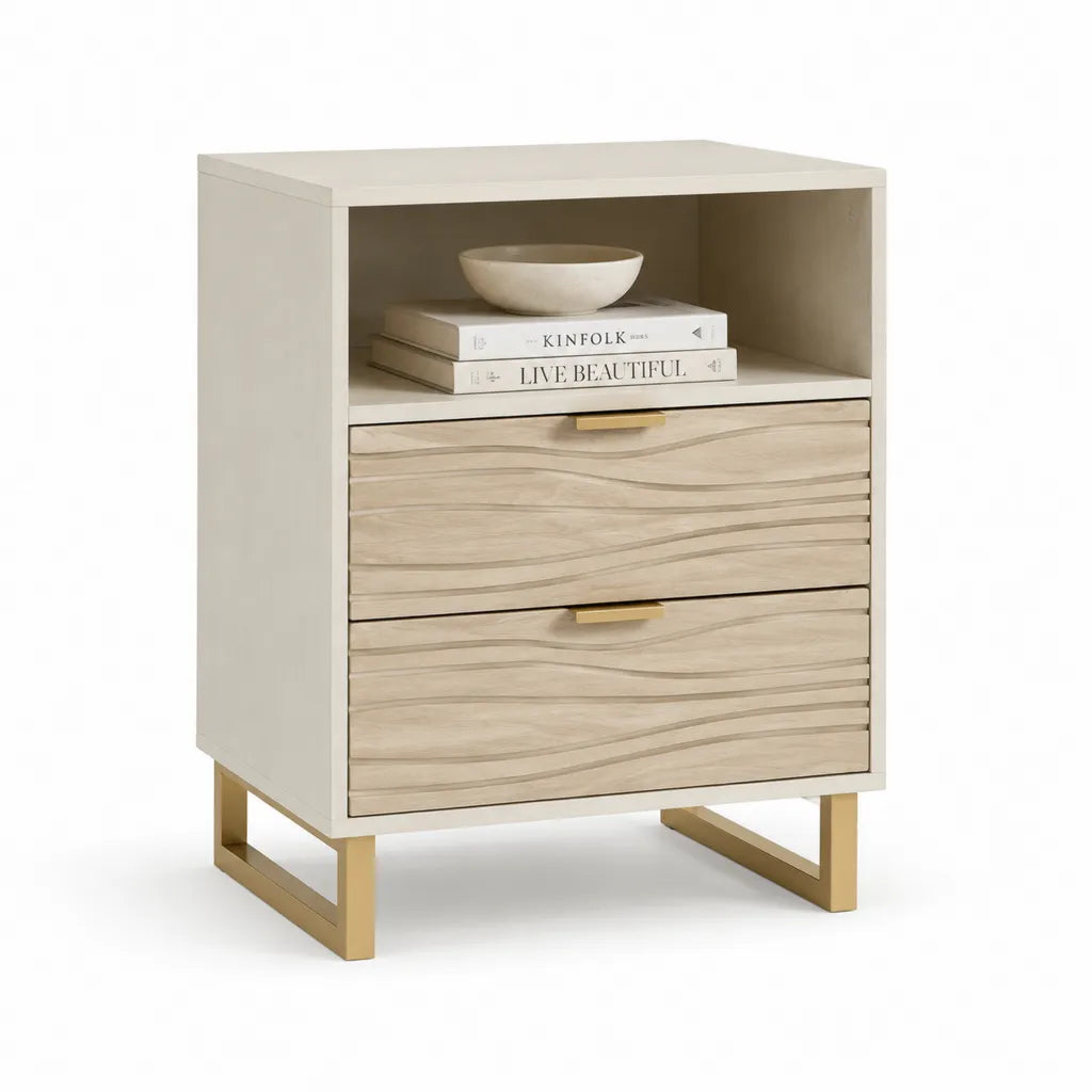 Comodino con 2 cassetti e vano aperto in MDF rettangolare bianco rovere chiaro oro 60 x 40 x 70 cm