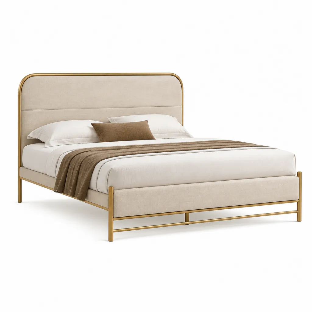 Letto matrimoniale imbottito rettangolare 160 x 200 cm in poliestere beige con struttura in acciaio dorato