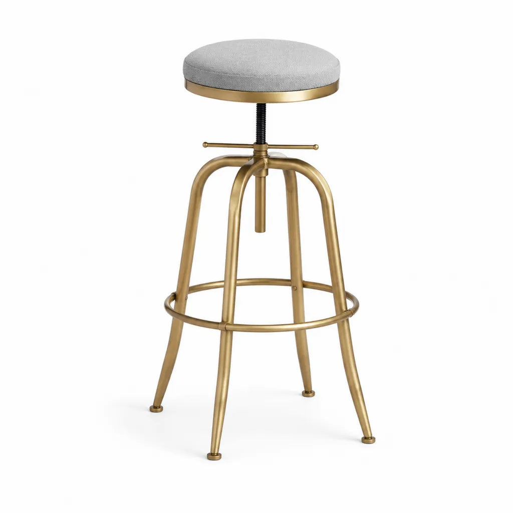 Sgabello da bar regolabile con seduta rotonda imbottita in poliestere grigio e acciaio dorato Ø 35 x H 60-80 cm