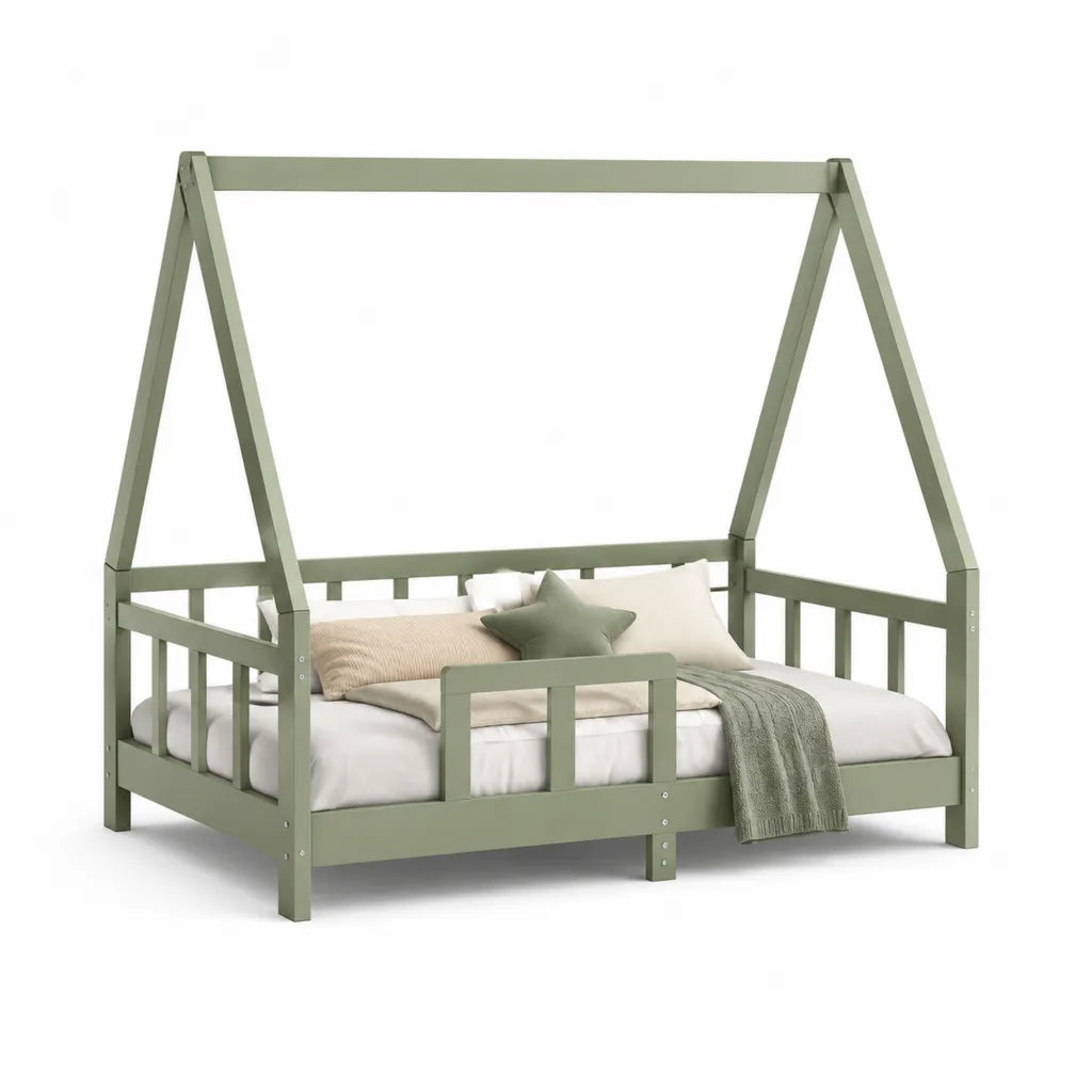 Letto per bambini a casetta in legno massello di pino verde salvia 90 x 200 cm