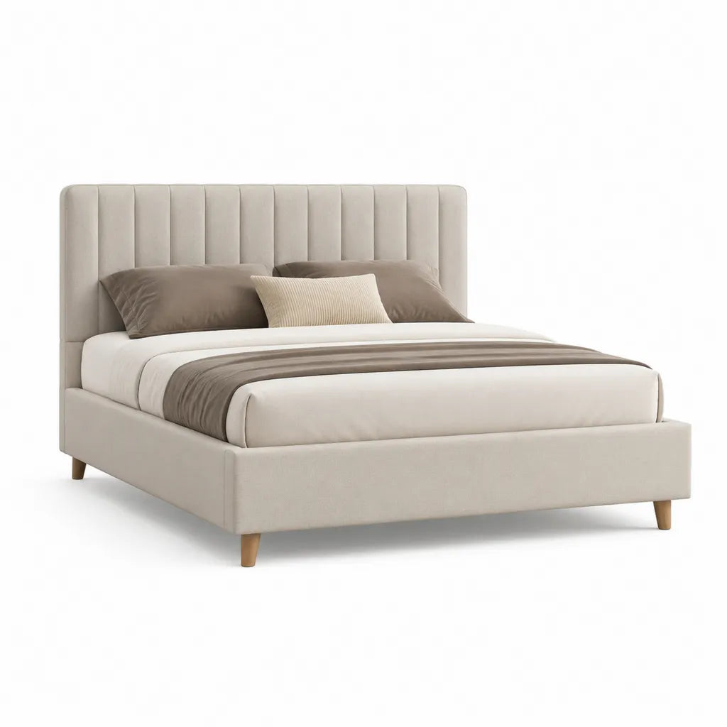 Letto matrimoniale imbottito 160 x 200 cm in poliestere beige con testiera alta rettangolare