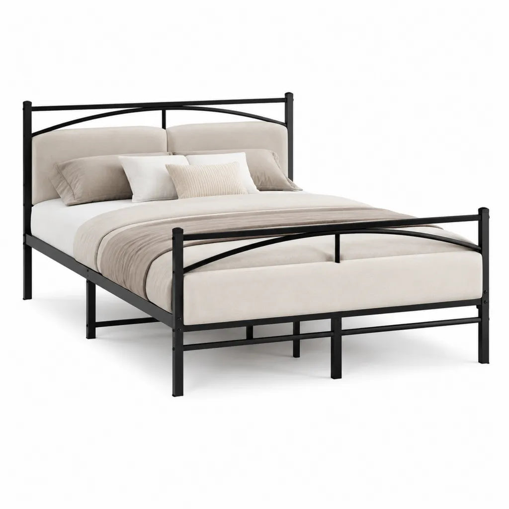 Struttura letto matrimoniale 160 x 200 cm in acciaio nero con testiera e pediera imbottite beige