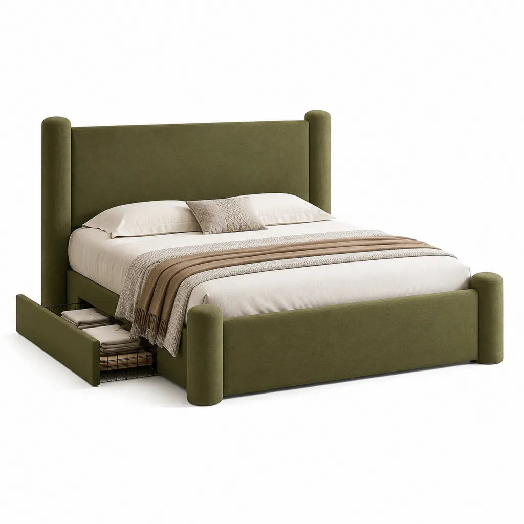 Letto matrimoniale imbottito 160 x 200 cm in poliestere verde oliva con testiera alta e cassetto laterale