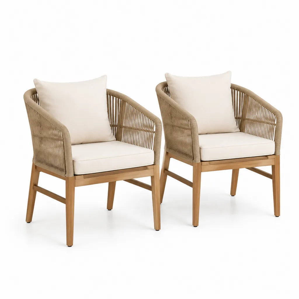 Set di 2 sedie da giardino con braccioli in legno massello di acacia e corda in polipropilene beige 62 x 65 x 80 cm