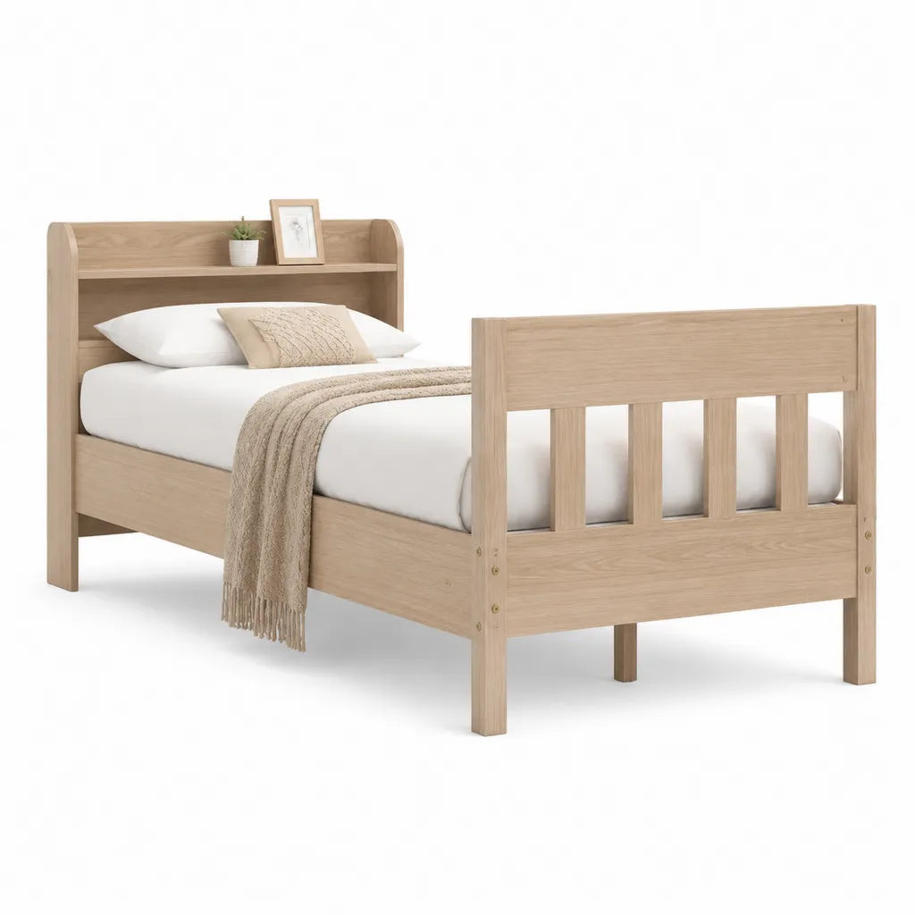 Letto singolo rettangolare in legno massello di pino naturale 198 x 100 x 100 cm per materasso 90 x 190 cm con testiera a mensola