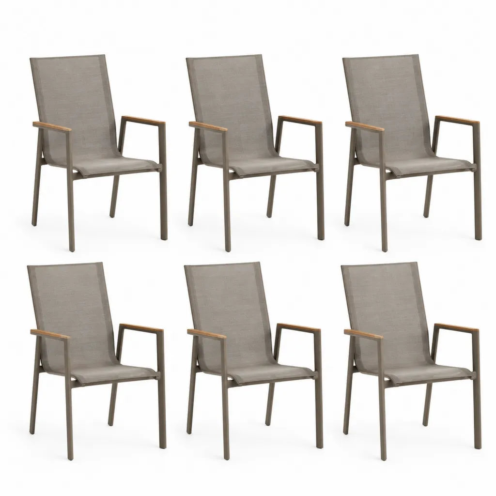 Set 6 sedie da giardino con braccioli schienale rettangolare in alluminio e textilene grigio tortora 56 x 65 x 88 cm