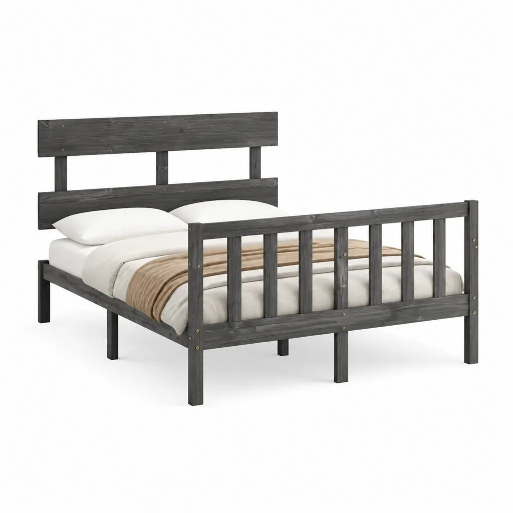 Letto matrimoniale con struttura in legno massello di pino grigio antracite 160 x 200 cm