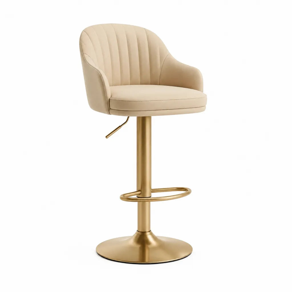Sgabello da bar regolabile con schienale e braccioli in pelle PU beige e acciaio oro 55 x 60 x 89-109 cm