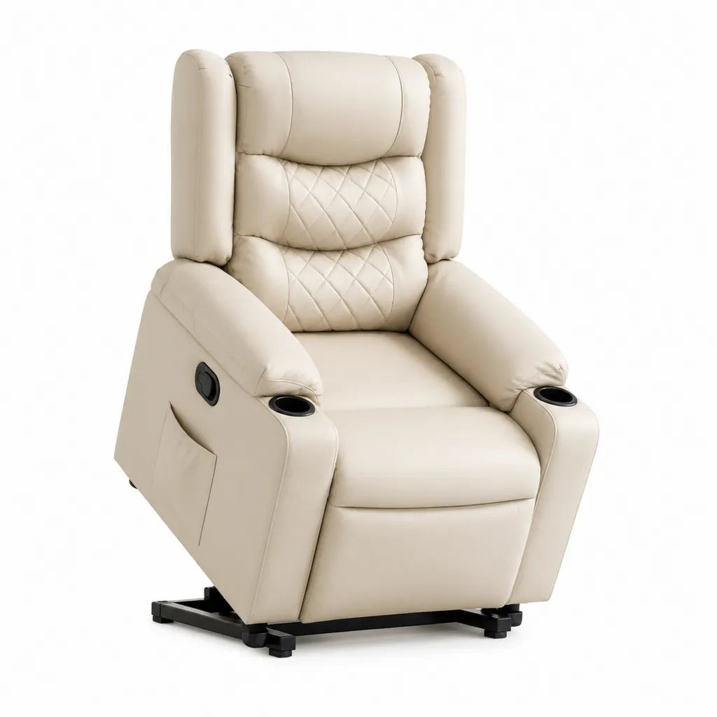 Poltrona reclinabile manuale imbottita con portabicchieri in pelle sintetica PU beige 90 x 94 x 105 cm