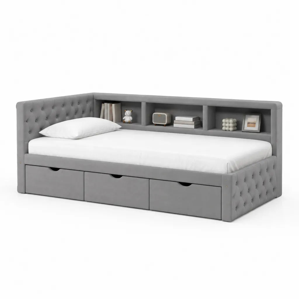 Letto singolo imbottito per bambini 90 x 200 cm in poliestere grigio con 3 cassetti e mensole integrate