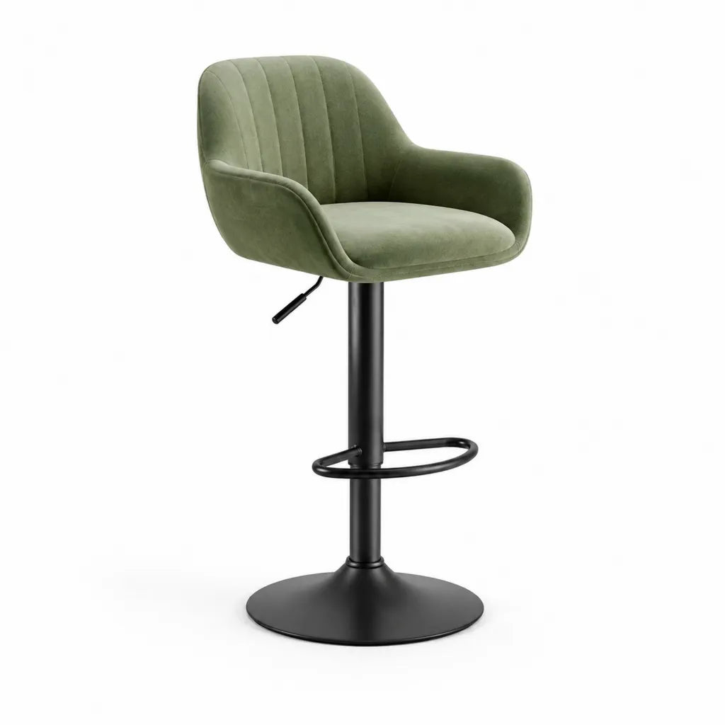 Sgabello da bar girevole regolabile con braccioli in velluto di poliestere verde 52 x 58 x 93-113 cm
