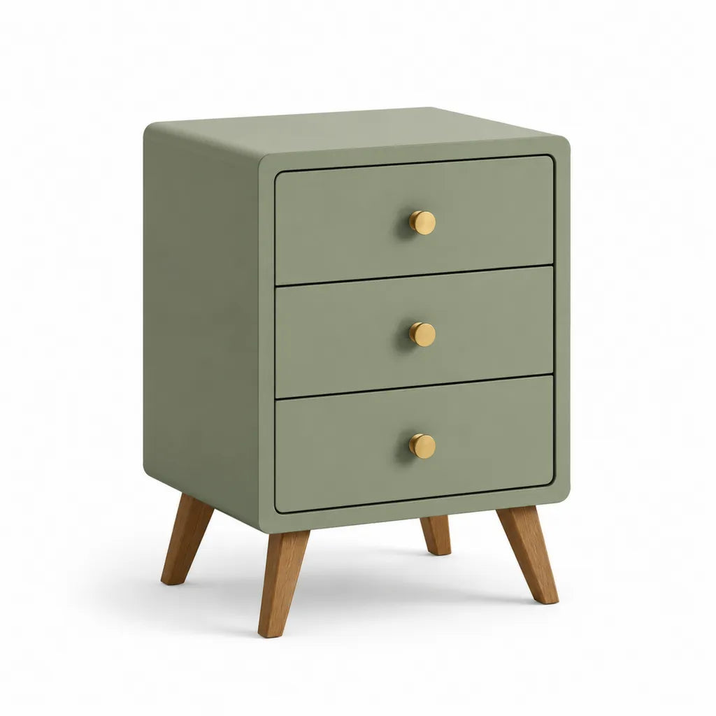 Comodino a 3 cassetti in MDF rettangolare verde salvia con gambe in legno massello 45 x 35 x 65 cm