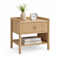 Comodino con cassetto e ripiano aperto in legno massello color rovere naturale 45 x 35 x 60 cm