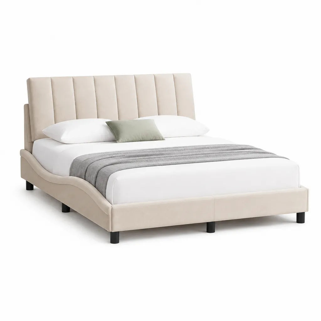 Letto matrimoniale imbottito 160 x 200 cm in poliestere beige rettangolare con testiera alta