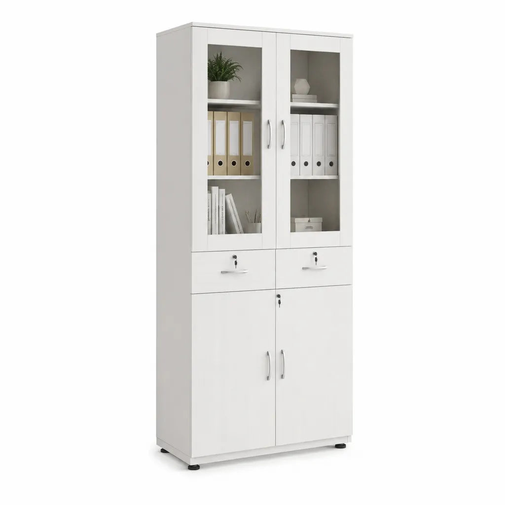 Armadio da ufficio archivio con vetrina in truciolare melaminico bianco 80 x 40 x 180 cm