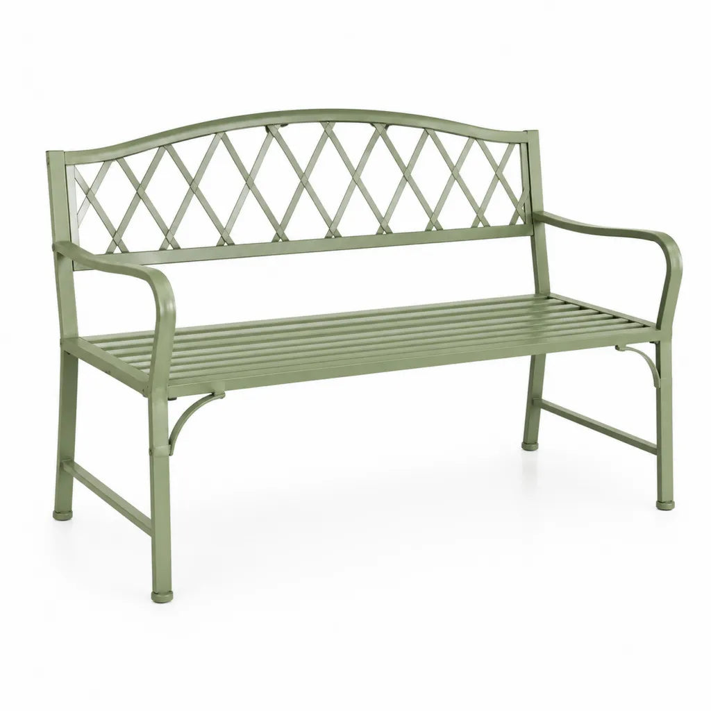 Panca da giardino 2 posti in acciaio verniciato verde salvia con schienale a rombi 122 x 61 x 89 cm