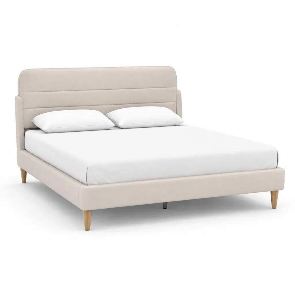 Letto matrimoniale imbottito 160 x 200 cm in poliestere beige con testiera rettangolare