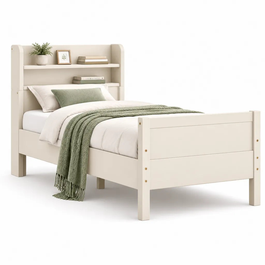 Letto singolo con libreria 90 x 200 cm in MDF bianco crema
