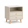 Comodino con 2 cassetti e vano aperto in MDF crema con gambe in legno massello 50 x 40 x 60 cm